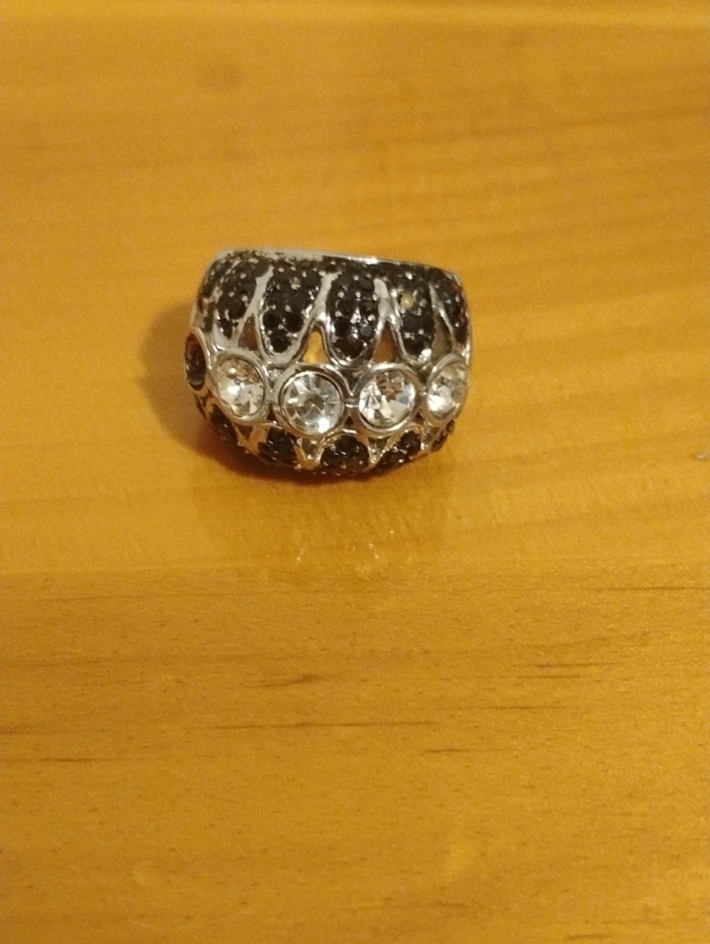 Silver-Tone Black Crystal Dome Ring with Clear Accents